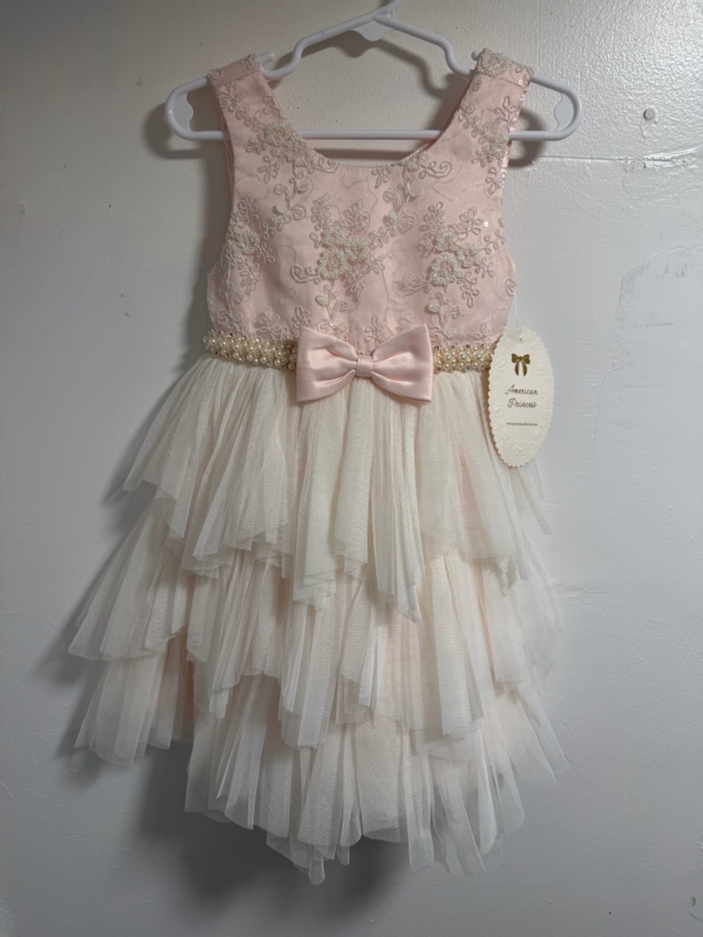 American Princess Pink Bodice with Cream Tiered Tulle Party Dress